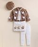 NUTTY BUTTY Fur Knit Full Sleeves Pom Pom Applique Detailed Winter Dress With Leggings Jacket & Cap - Brown