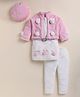 NUTTY BUTTY Fur Knit Full Sleeves Pom Pom Applique Detailed Winter Dress With Leggings Jacket & Cap - Pink