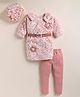 NUTTY BUTTY Fur Knit Three Fourth Sleeves Abstract Designed Floral Applique Detailed Winter Dress With Leggings & Cap - Peach