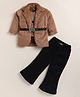 NUTTY BUTTY Fur Knit Stones Embellished Winter Top & Palazzo With Full Sleeves Jacket - Brown