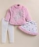 NUTTY BUTTY Fur Knit Full Sleeves Floral Designed Sequins Embellished Winter Top & Skirt With Leggings Set - Pink