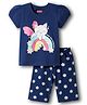 Babyhug Cotton Knit Half Sleeves T-Shirt & Capri Night Suit With Cat & Floral Print - Navy Blue