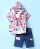 Dapper Dudes Half Sleeves Typography Printed Hooded Shirt With Tee & Shorts Set - Pink