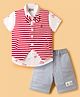 Dapper Dudes Half Sleeves Typography Printed Shirt Striped Waistcoat & Shorts With Bow - Red