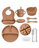 Tony Stark 7 Pcs Silicone Baby Feeding Set Bpa-Free,Microwave Safe,Anti-Slip Base | Complete Tableware Kit for Babies & Toddlers with Suction Plate,Bowl,Cup, Spoon,Fork & Bib (Brown)