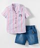 Simply Premium Knit Half Sleeves Striped Shirt & Washed Shorts Set with Embroidery Detailing - Pink & Blue