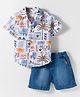 Simply Premium Cotton Knit Half Sleeves Tropical Theme Printed Shirt & Denim Washed Shorts - White & Blue