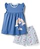 CUCUMBER Knit Sleeveless Top & Shorts Night Suit With Flamingo & Rainbow Print - Blue