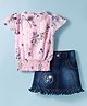 Enfance  Half Flutter Sleeves Bow Applique Detailed & Floral Printed Top With Denim Skirt Set - Pink