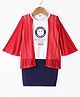 Enfance Full Bell Sleeves Typography Printed Colour Blocked Knee Length Dress With Attached Shrug - Red