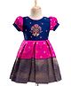 Enfance Half Puffed Sleeves Beads Stone & Gota Lace Embellished Ethnic Threadwork Detailed Pattu Pavadai Knee Length Dress - Navy Blue