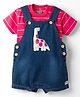 Little Kangaroos Knitted Dungaree with Half Sleeves Striped T-Shirt with Dino Patch - Navy Blue