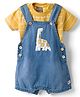 Little Kangaroos Knitted Dungaree with Half Sleeves Striped T-Shirt with Dino Patch - Light Blue