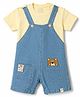 Little Kangaroos Cotton Woven Dungaree Half Sleeves Inner Tee with Teddy Bear Patch - Light Blue