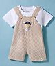 Little Kangaroos Knitted Half Sleeves T-Shirt & Dungarees Set with Stripes & Bear Patch - Tan