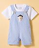 Little Kangaroos Knitted Half Sleeves T-Shirt & Dungarees Set with Stripes & Bear Patch - Sky Blue