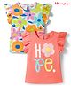 Honeyhap Premium 100% Cotton Knit Half Frill Sleeves Tops With Floral & Text Prints With Bio Finish Pack of 2 - Fresh Salmon bright White azure & Blue Iceland