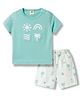 Zero Knitted Half Sleeves Embroidered &  Tree Printed  T-Shirt & Shorts Set - Sea Green