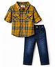 Babyhug Cotton Woven Full Sleeves Shirt & Denim Jeans Set With Checks - Yellow & Blue