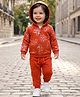 Babyoye Cotton Knit Full Sleeves Floral Printed Winter Wear Solid Hooded Sweatshirt & Lounge Pant Set - Rust Orange