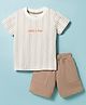 Zero Knitted Half Sleeves Striped T-Shirt & Shorts Set - Brown
