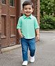 Babyhug Cotton Woven Full Sleeves Solid Color Shirt & Denim Jeans Set - Sea Green & Blue