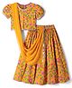 EARTHY TOUCH Cotton Knit Half Puffed Sleeves Floral Printed Choli Lehenga Set & Dupatta with Lace Detailing - Mustard