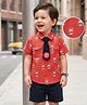 Mark & Mia Cotton Knit Half Sleeves Shirt & Shorts Set with Teddy Print & Tie - Multicolor