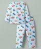 Babyhug Cotton Knit Full Sleeves Vehicles Printed Co-Ords T-Shirt & Pyjama Night Suit - Light Blue