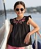 Pine Kids 100% Cotton Woven Frill Sleeves Floral Embroidered Top - Black