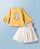 Enfance Three Fourth Bell Sleeves Glitter & Stone Embellished Unicorn Printed Top & Skirt Set - Lemon