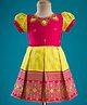 Enfance Half Puffed Sleeves Beads & Stone Embellished Ethnic Embroidered Knee Length Pattu Pavadai Dress - Yellow