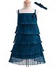 Enfance Sleeveless Glitter & Stone Embellished Floral Applique Detailed Knee Length Layered Dress With Headband  - Blue