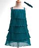 Enfance Sleeveless Glitter & Stone Embellished Floral Applique Detailed Knee Length Layered Dress With Headband  - Green