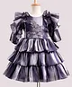 Enfance Three Fourth Ruffle Sleeves Frill Detailed Pearl Embellished Floral Applique Detailed Knee Length Dress  - Grey