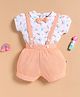 Wonderchild Half Puffed Sleeves Bow Applique Detailed Butterfly Printed Tee With Gallice Shorts Set - White & Peach
