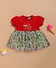 Wonderchild Half Puffed Sleeves Santa Baby Text Embroidered & Animals Printed Knee Length Dress - Red