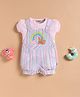 Wonderchild Half Puffed Sleeves Solid Top With Striped Bunny & Rainbow Embroidered Dungaree - White & Multi Colour
