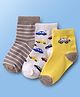 Doodle Poodle Cotton Knit  Ankle Length Socks With Stripes & Car Design Pack Of 3 - White Grey & Yellow