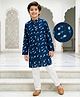 Pine Kids Cotton Woven Full Sleeves Kurta & Pyjama Set With Floral Print - Navy Blue