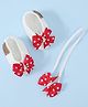 Funkrafts Bow Applique Detailed Handmade Crochet Booties With Headband - White & Red