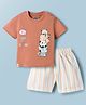 Mini Taurus 100% Cotton Knit Half Sleeves Animal Printed & Striped T-Shirt & Shorts Set - Rust Orange