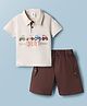Mini Taurus 100% Cotton Knit Half Sleeves Vehicles Printed Polo T-Shirt & Shorts Set - Brown