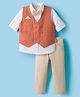 Rikidoos Cotton Woven Full Sleeves Solid 3 Piece Party Suit With Bow - Orange & Beige