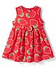 Babyhug Single Jersey Knit Sleeveless Frock With Strawberry Print & Bow Applique - Red