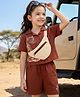 OLLINGTON ST. Cotton Knit Half Sleeve Shirt Top & Shorts Set With Sling Bag - Brown