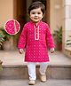 EARTHY TOUCH Cotton Jersey Knit Full Sleeves Printed Kurta Pyjama Set with Lace Detailing- Pink