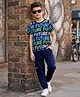 OLLINGTON ST. Cotton Knit Half Sleeves T-Shirt With Print & Joggers Set - Multicolour & Navy