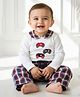 My Milestones  Cotton Woven Full Sleeves Vehicles Patch Applique Detailed Tee & Pant Set - White & Red