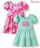 Honeyhap Premium 100% Cotton Knit With Bio Finish Half Sleeves Frocks With Tropical Print Pack of 2 - Geranium Pink & Beach Glass